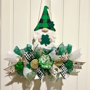 12 inch St. Pats Shamrock Gnome Ribbon, Clay Wreath Rail Handmade/ Painted SPGR1